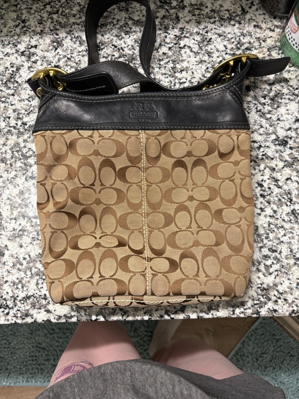 Coach Beige Signature Canvas Crossbody with Black Leather Trim